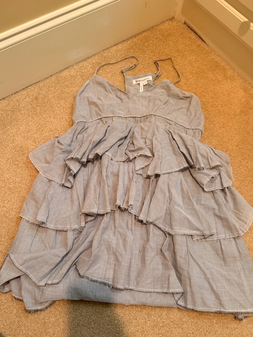 BCBGeneration Light Gray Tiered Ruffle Spaghetti Strap Dress